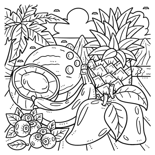 Premium vector summer tropical fruits coloring page for kids