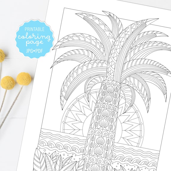 Tropical palm coloring page palm tree adult coloring sheet printable or digital instant download