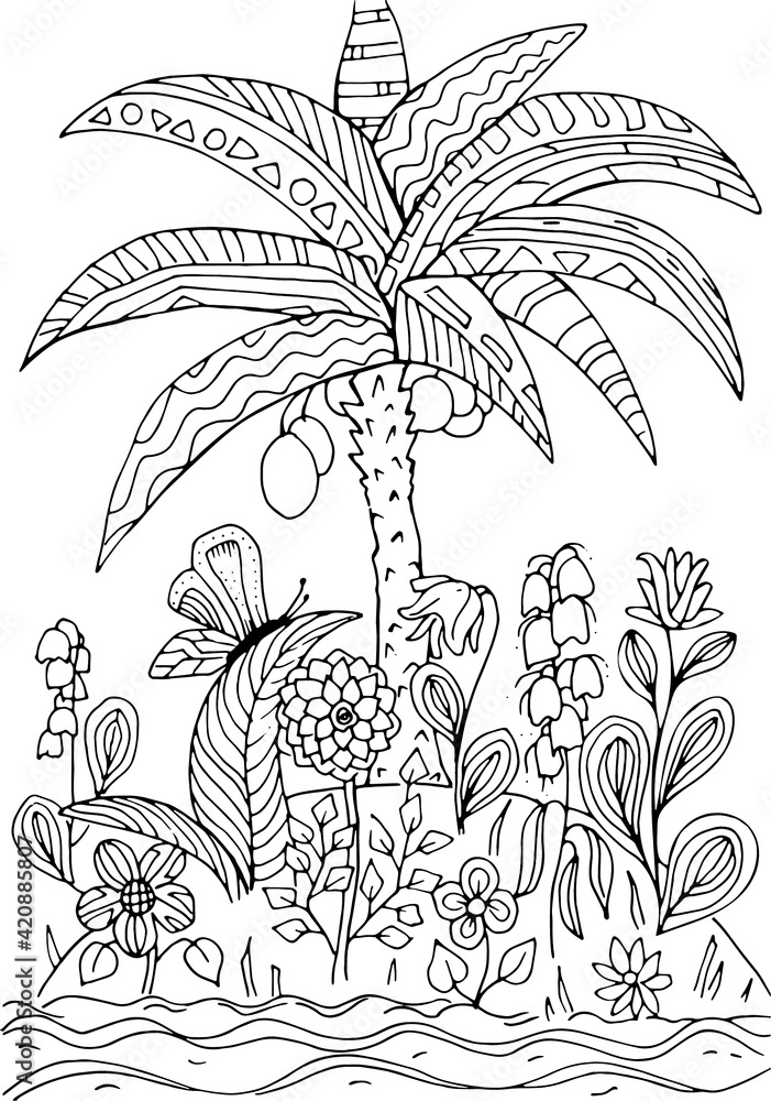 Vektorovã grafika âhand drawn coloring page for kids and adults summer beach tropical island palm tree and flowers beautiful drawing with patterns and small details coloring book pictures vectorâ ze sluåby