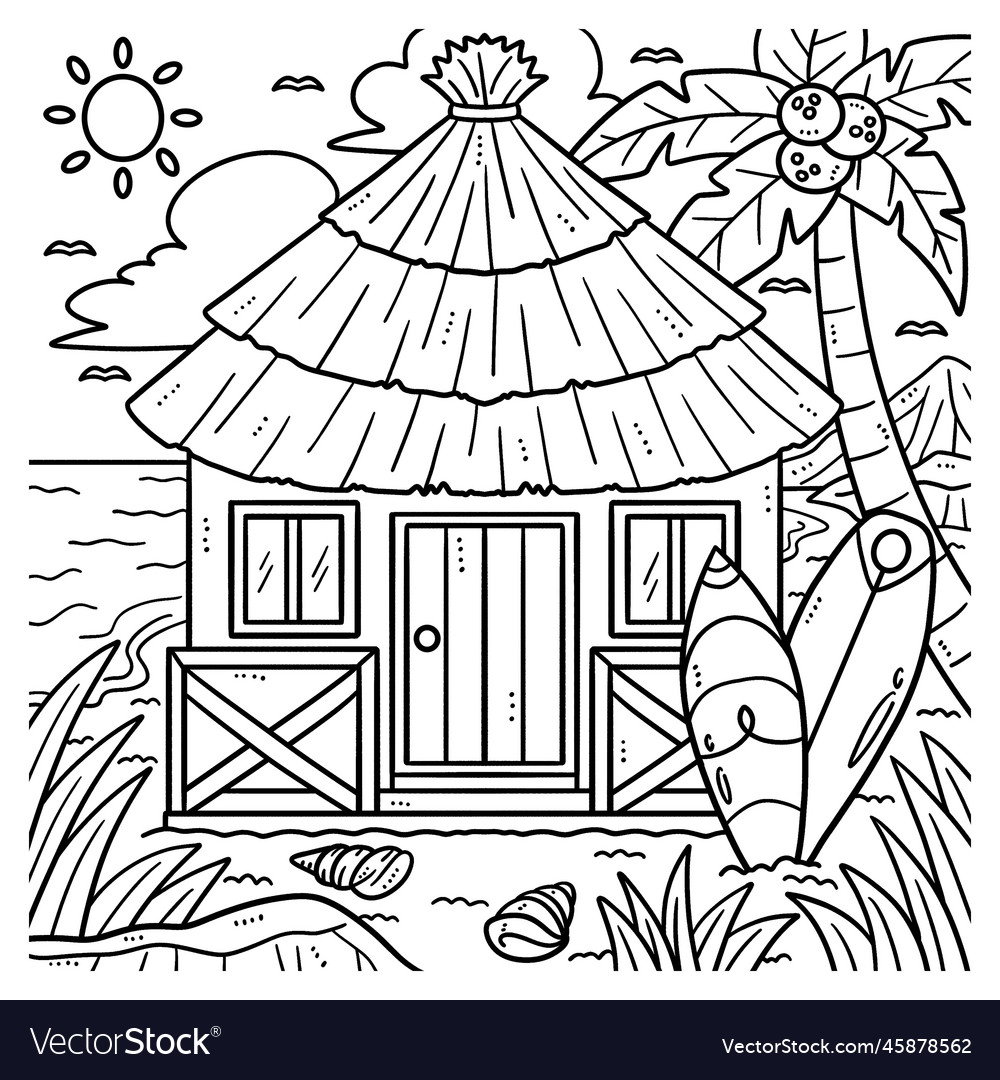 Summer tropical hut coloring page for kids vector image