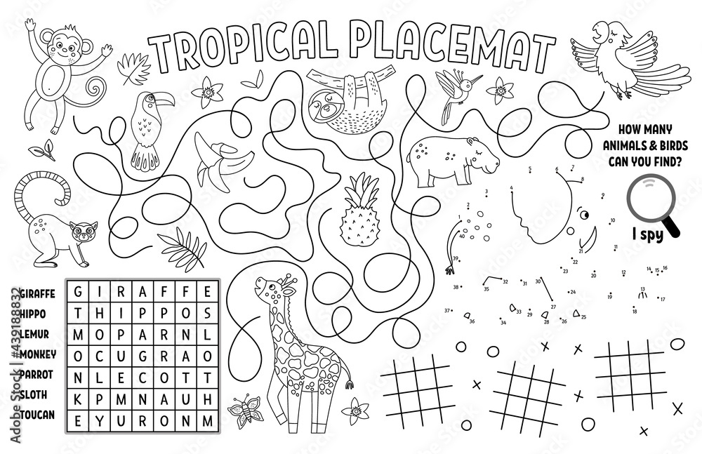 Vector tropical placemat for kids exotic summer printable activity mat with wordsearch dot