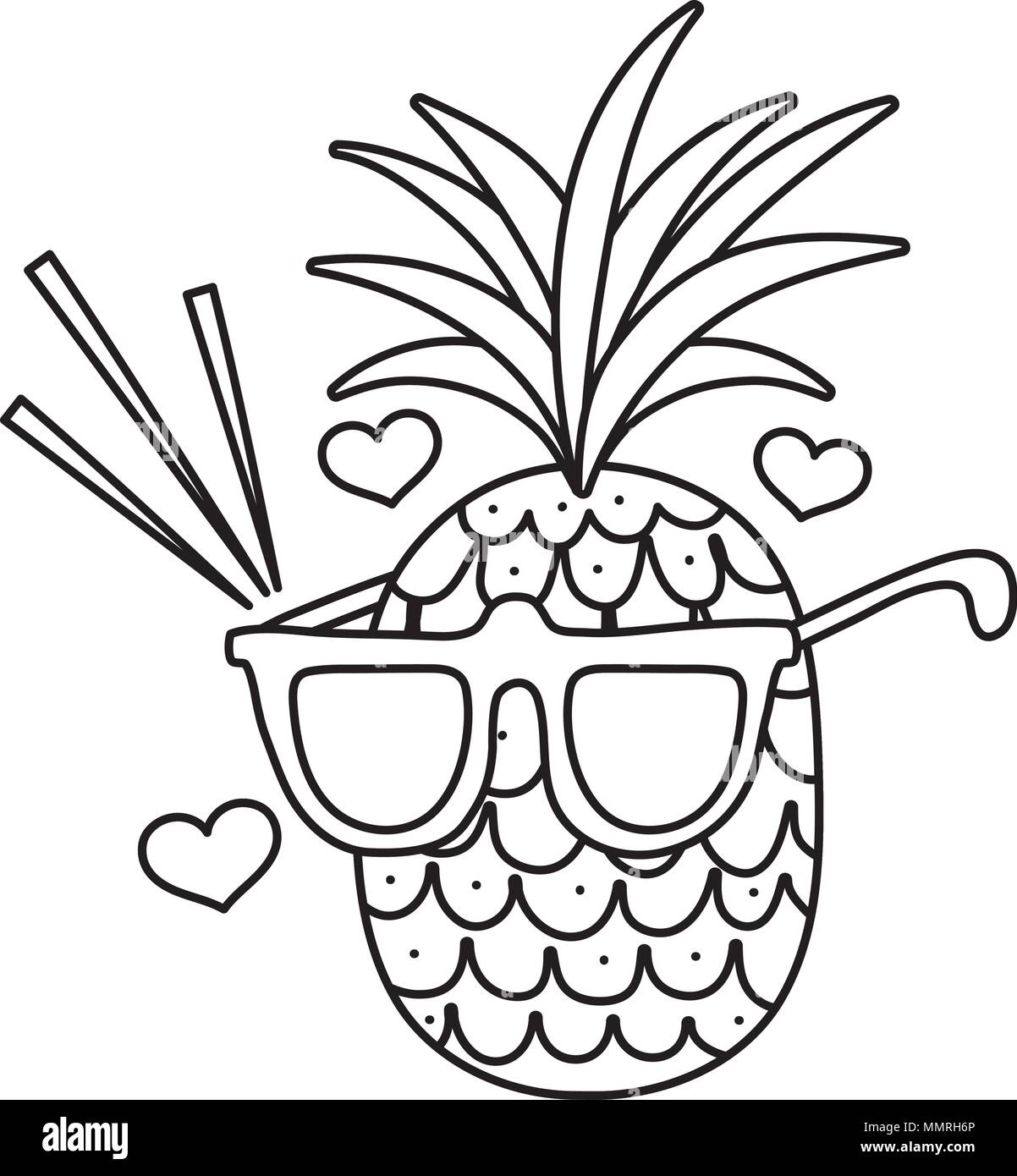 Line tropical pineapple fruit with glasses and hearts stock vector image art