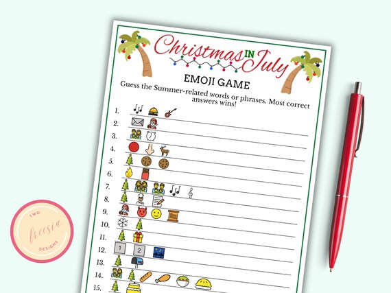 Christmas in july emoji game printable christmas in july game for kids adults tropical beach christmas game instant download mc