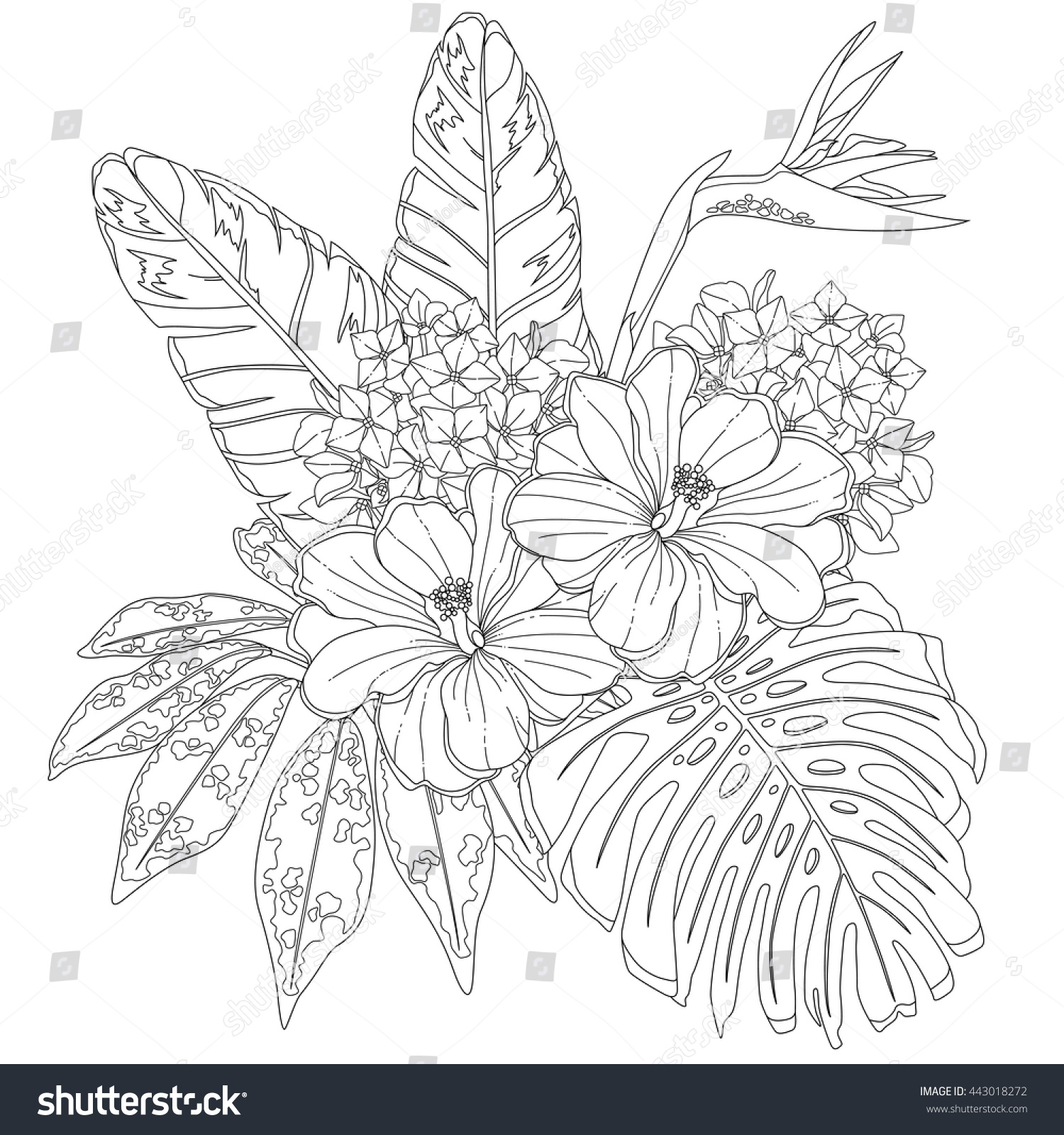 Tropical flowers leaves page coloring book stockvektor royaltyfri