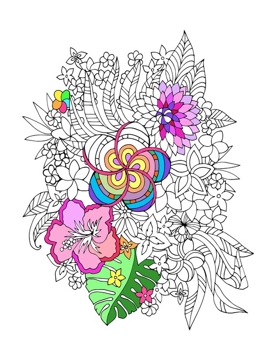 Printable tropical flowers digital coloring page instant download