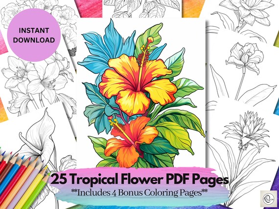 Tropical flowers coloring pages detailed pattern blooms floral grayscale adult kids teen grayscale printable pdf instant download
