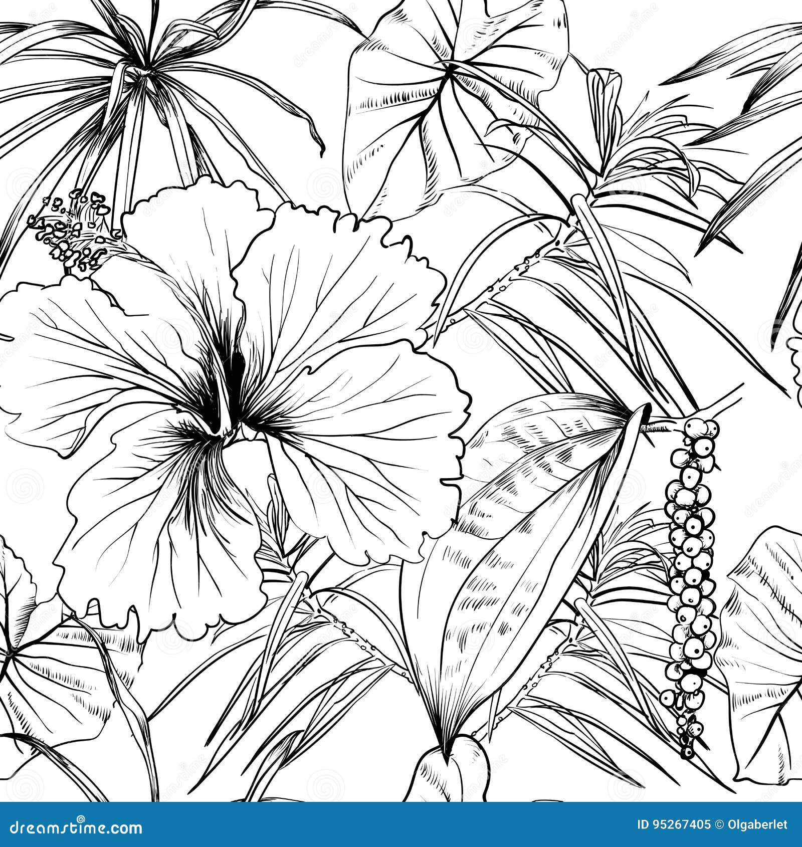 Tropical exotic flowers and leaves seamless pattern coloring book stock vector
