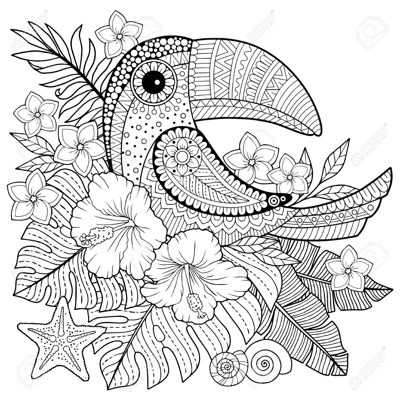 Coloring book for adults toucan among tropical leaves and flowers coloring page for relax and relif royalty free svg cliparts vectors and stock illustration image