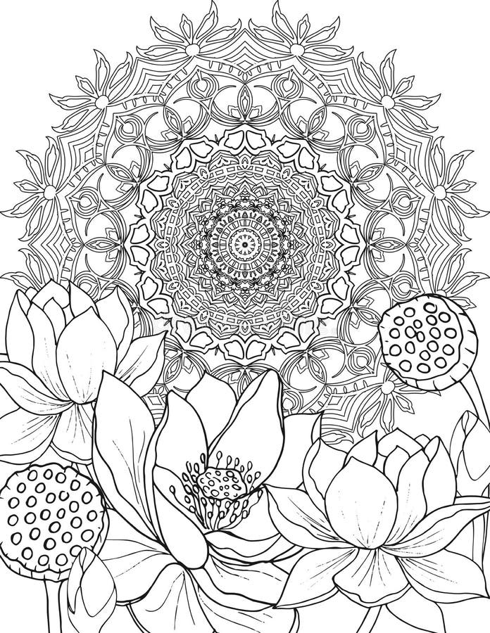 Mandala in the center and beautiful tropical flowers coloring page vector illustration doodle zen coloring page in stock vector