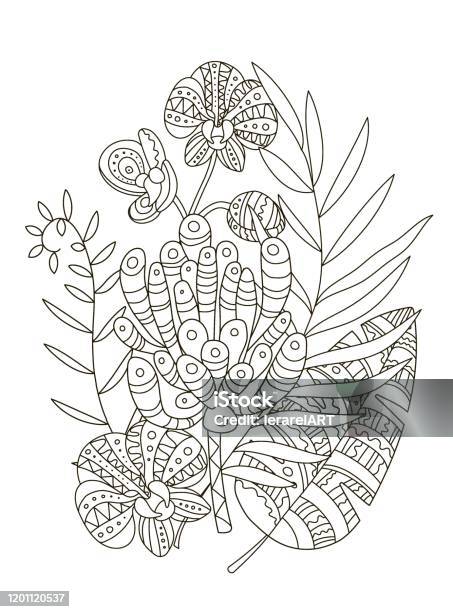 Hand drawing coloring pages for children and adults a beautiful pattern with small details for creativity antistress coloring book with tropics flamingo among palm leaves monster and flowers stock illustration