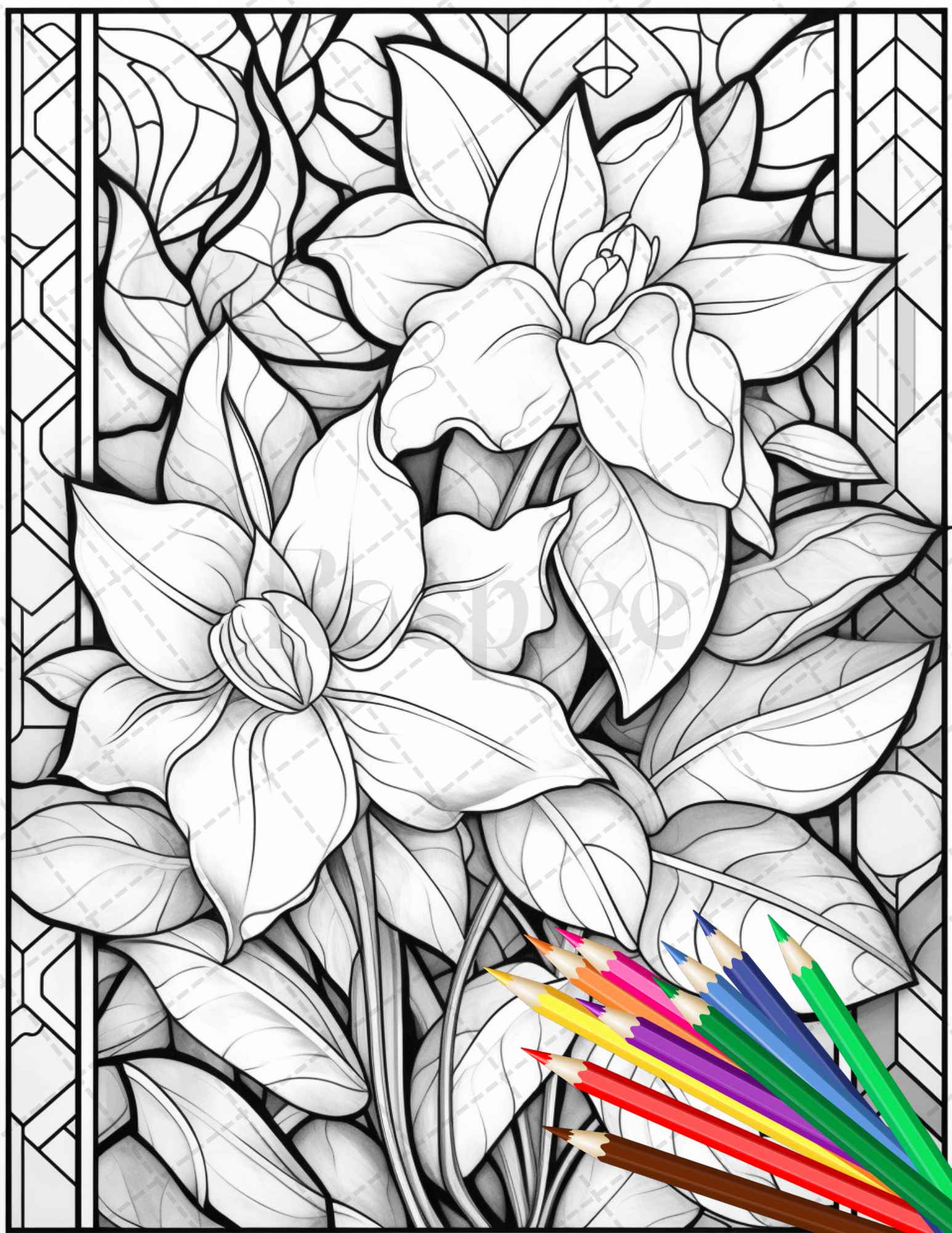 Stained glass flowers grayscale coloring pages printable for adults â coloring
