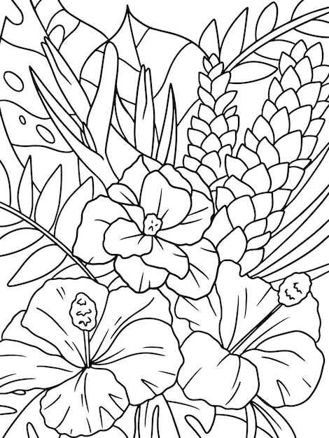 Premium vector exotic bouquet of flowers hibiscus tea doodle flower coloring book or page