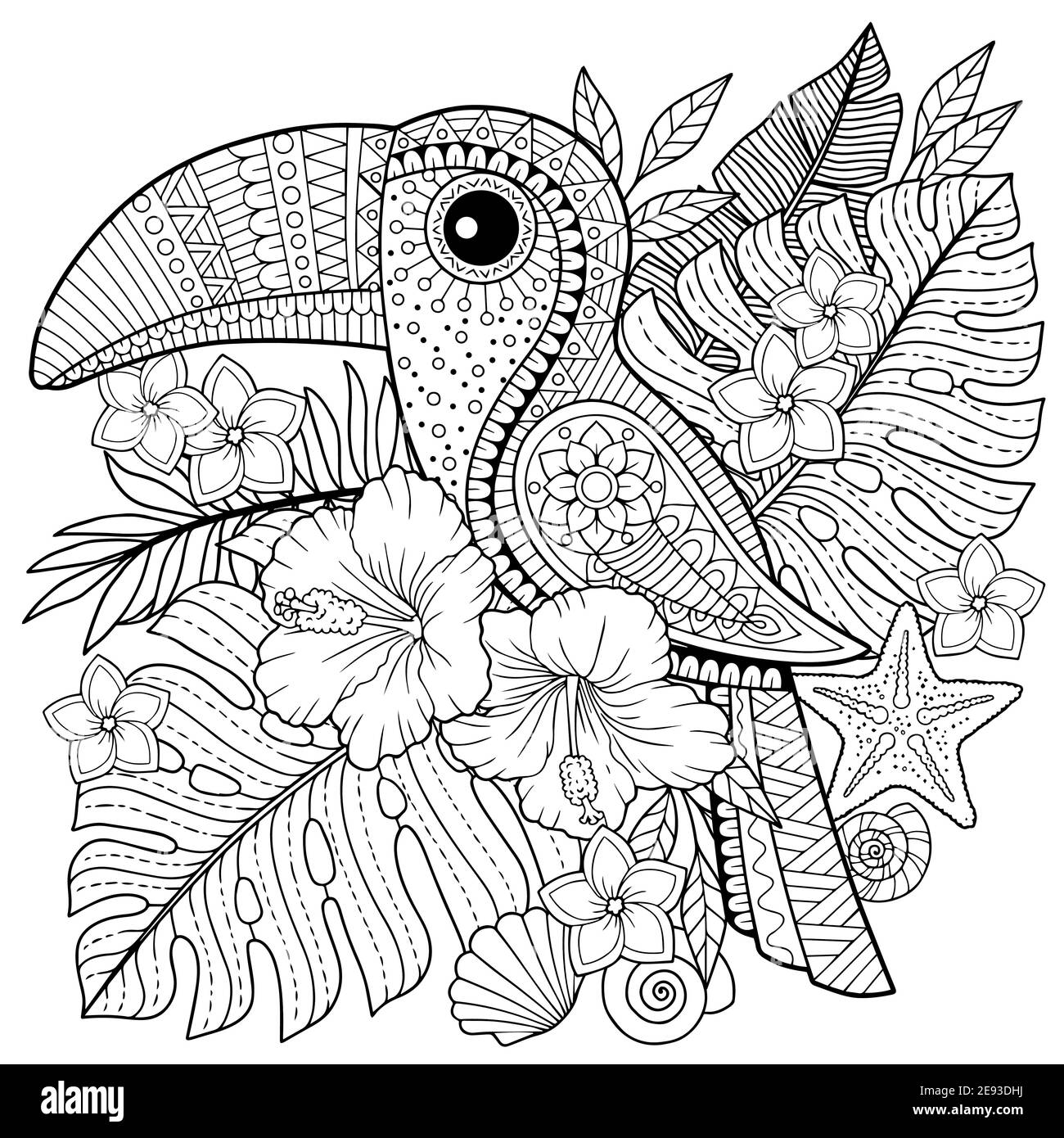 Coloring book for adults toucan among tropical leaves and flowers coloring page for relax and relif stock vector image art