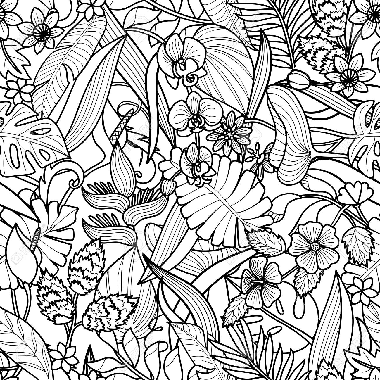 Tropical flowers and plants seamless pattern floral square wallpaper on white background for greeting cards coloring pages royalty free svg cliparts vectors and stock illustration image