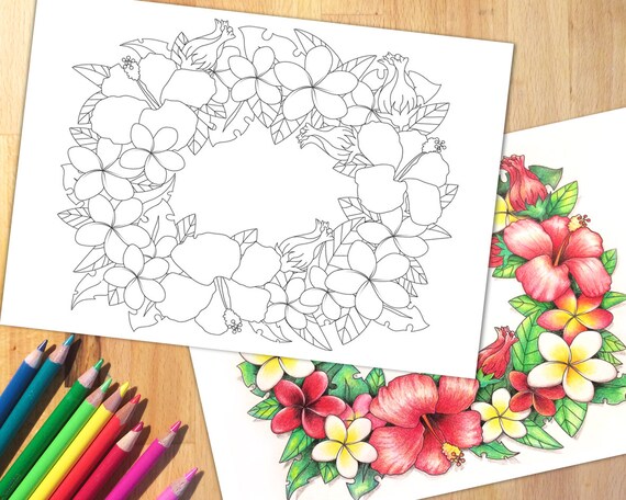 Tropical flowers wreath coloring page christmas printable adult colouring download hawaiian lei garland necklace