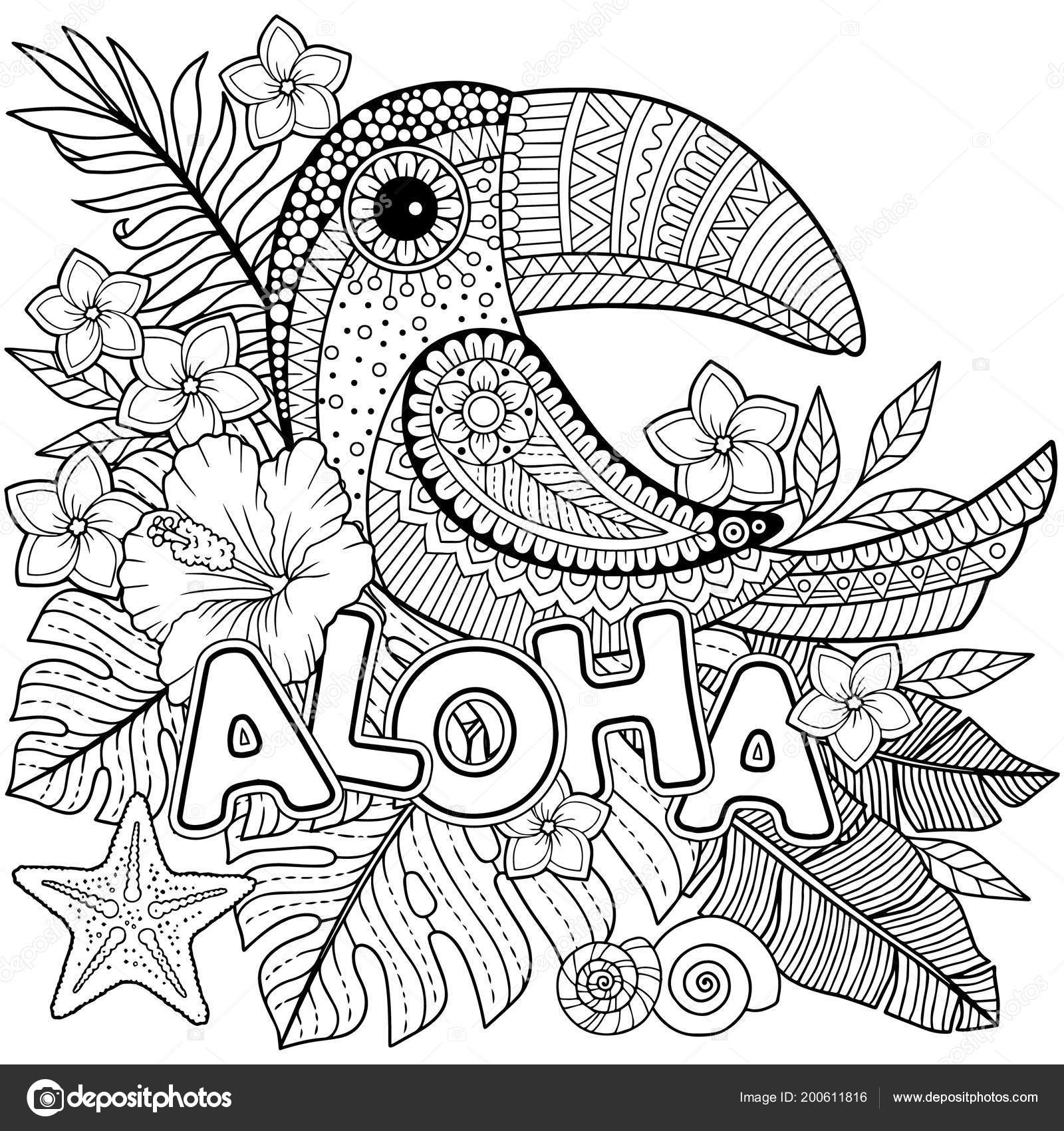 Coloring book for adults toucan among tropical leaves and flowers stock vector by natasha