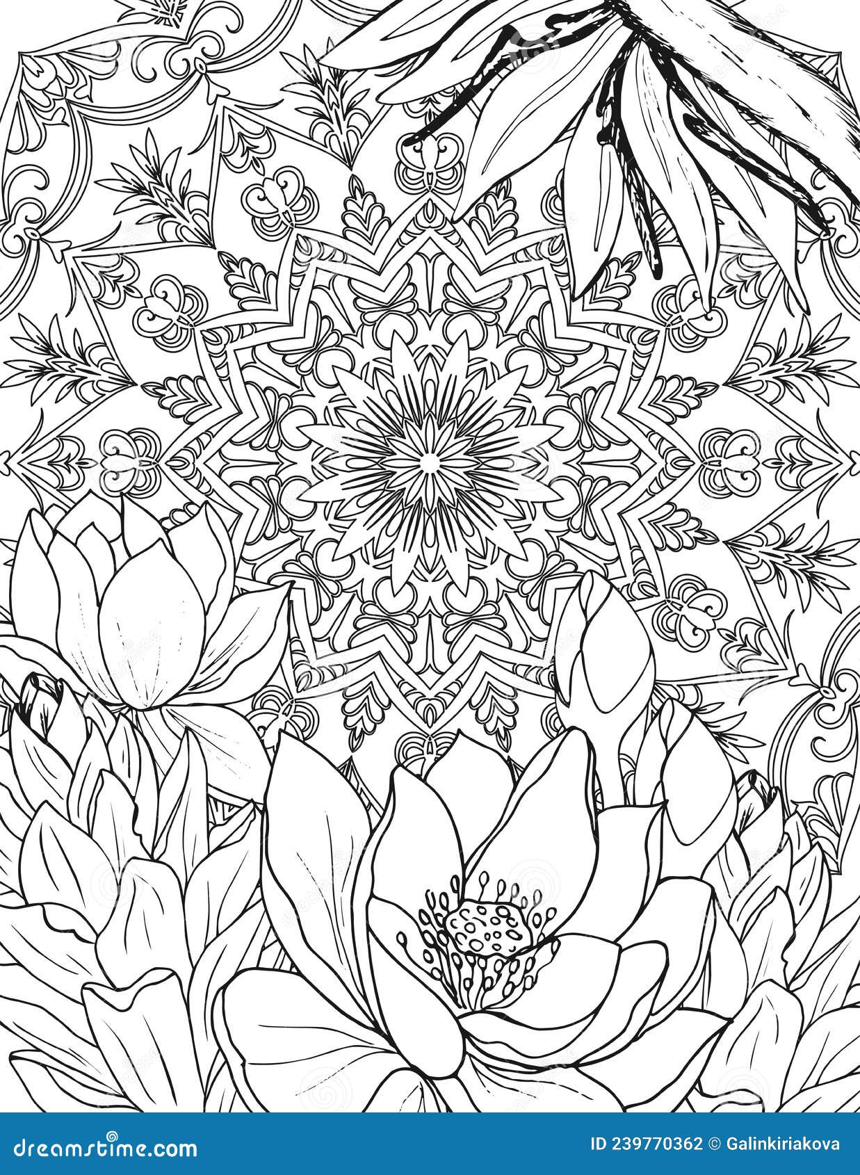 Coloring page for adults with beautiful tropical flowers and vector illustration doodle illustration in outlines stock vector