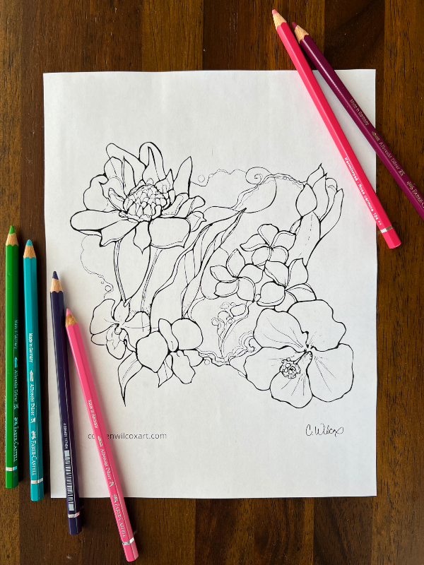 Coloring page tropical flowers colleen wilcox art