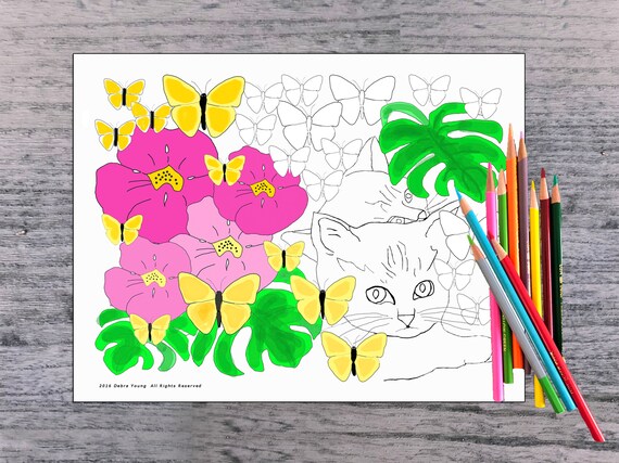Printable coloring pages adult coloring for kids tropical flowers kittens and butterflies print and color or digital color
