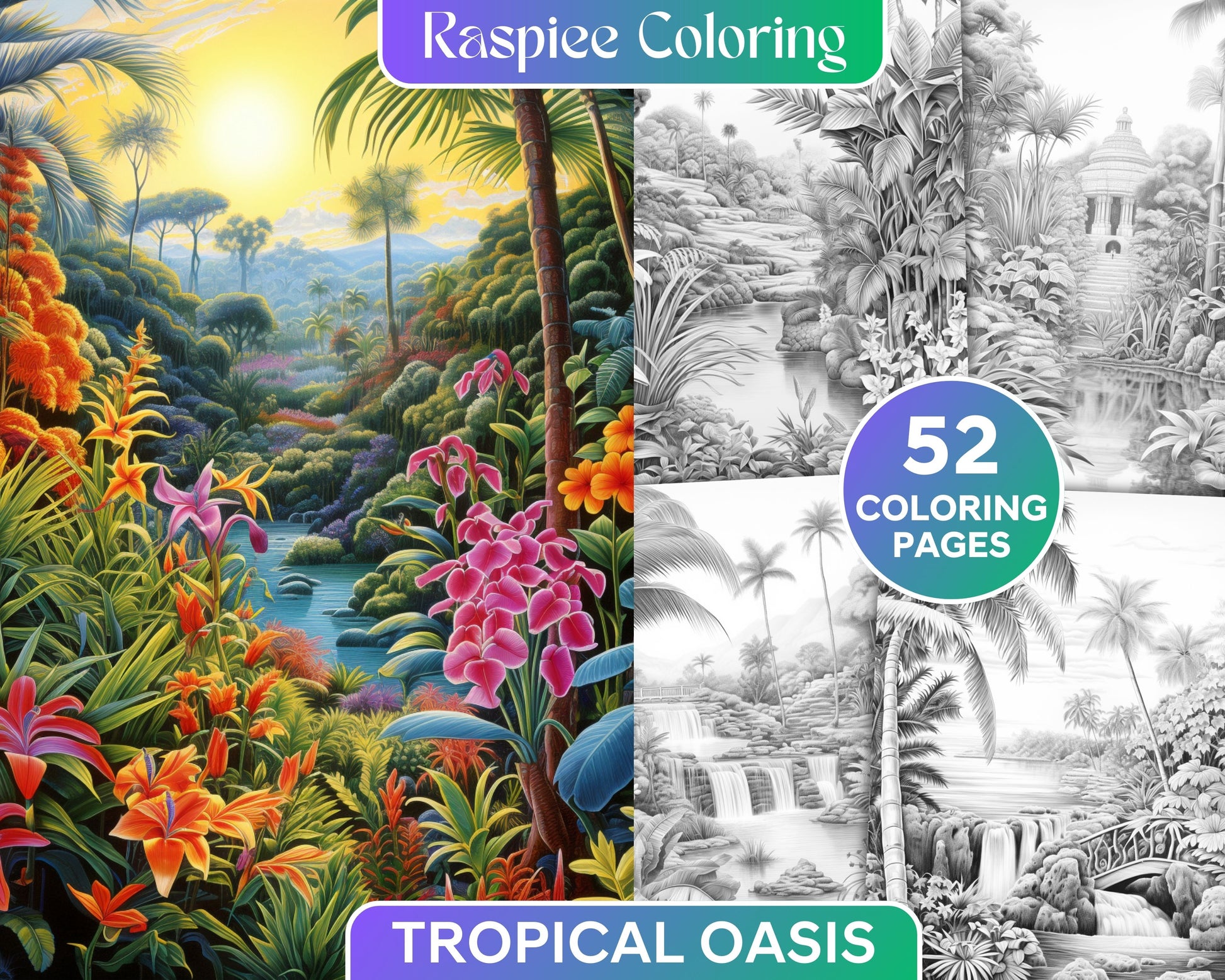 Tropical oasis grayscale coloring pages printable for adults pdf f â coloring
