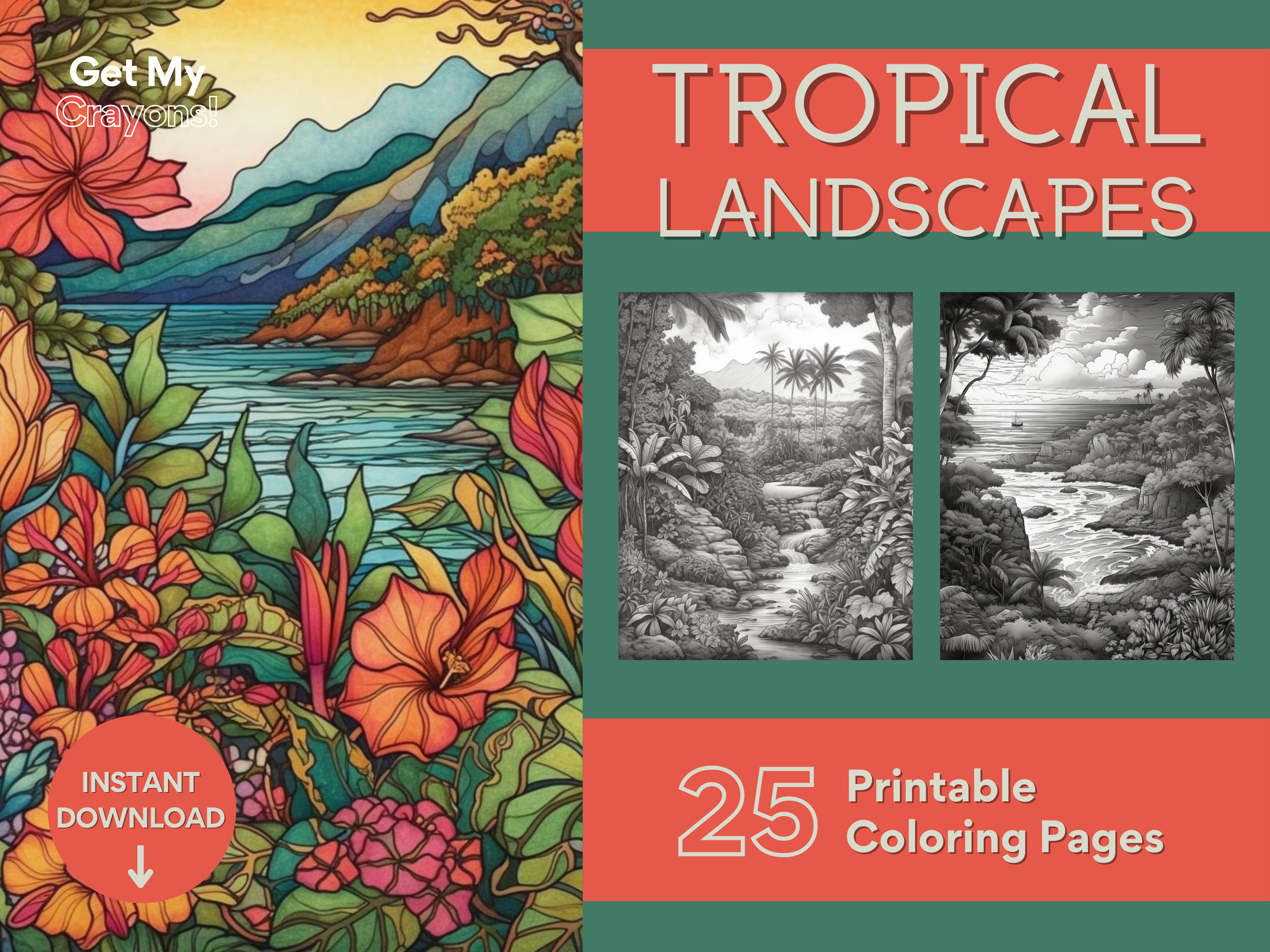 Tropical landscape coloring pages for adults hawaiian flowers greyscale pages to color printable pdf png instant download to relax
