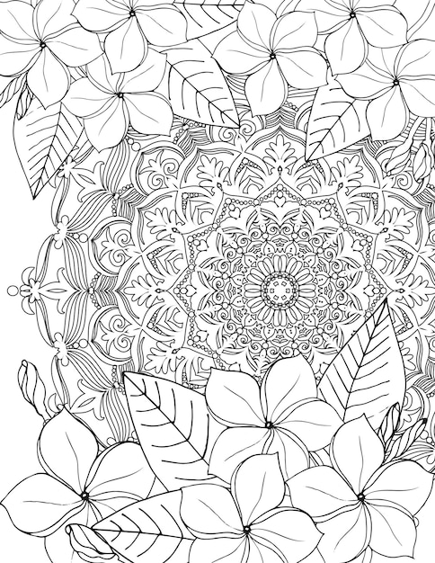 Premium vector adult coloring book page with beautiful tropical flowers and mandala