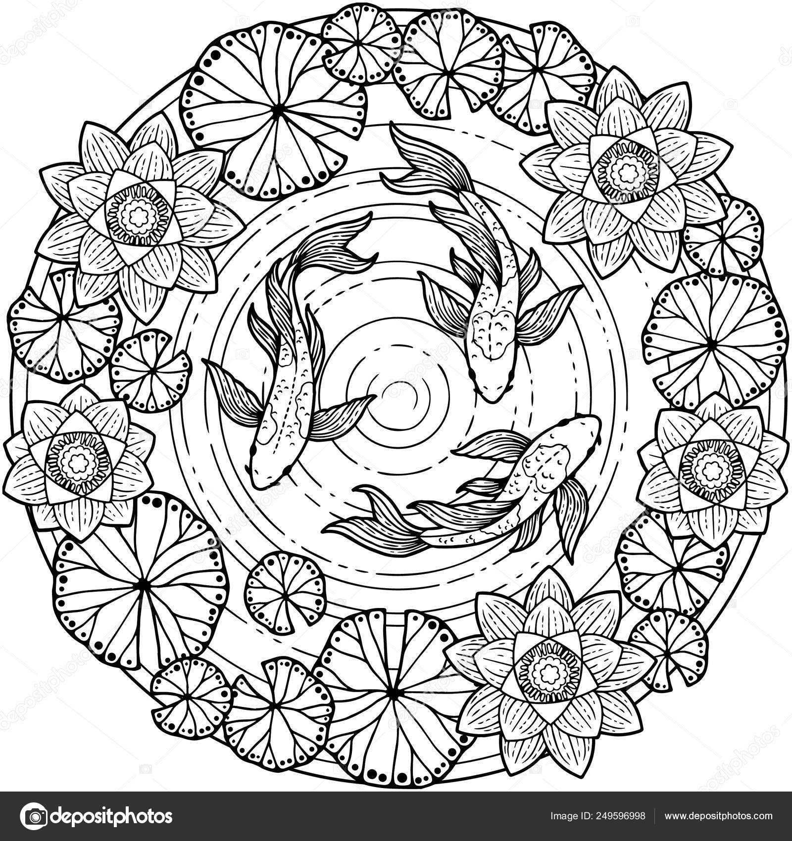 Vector coloring page adult tropical summer pattern background koi fish stock vector by natasha