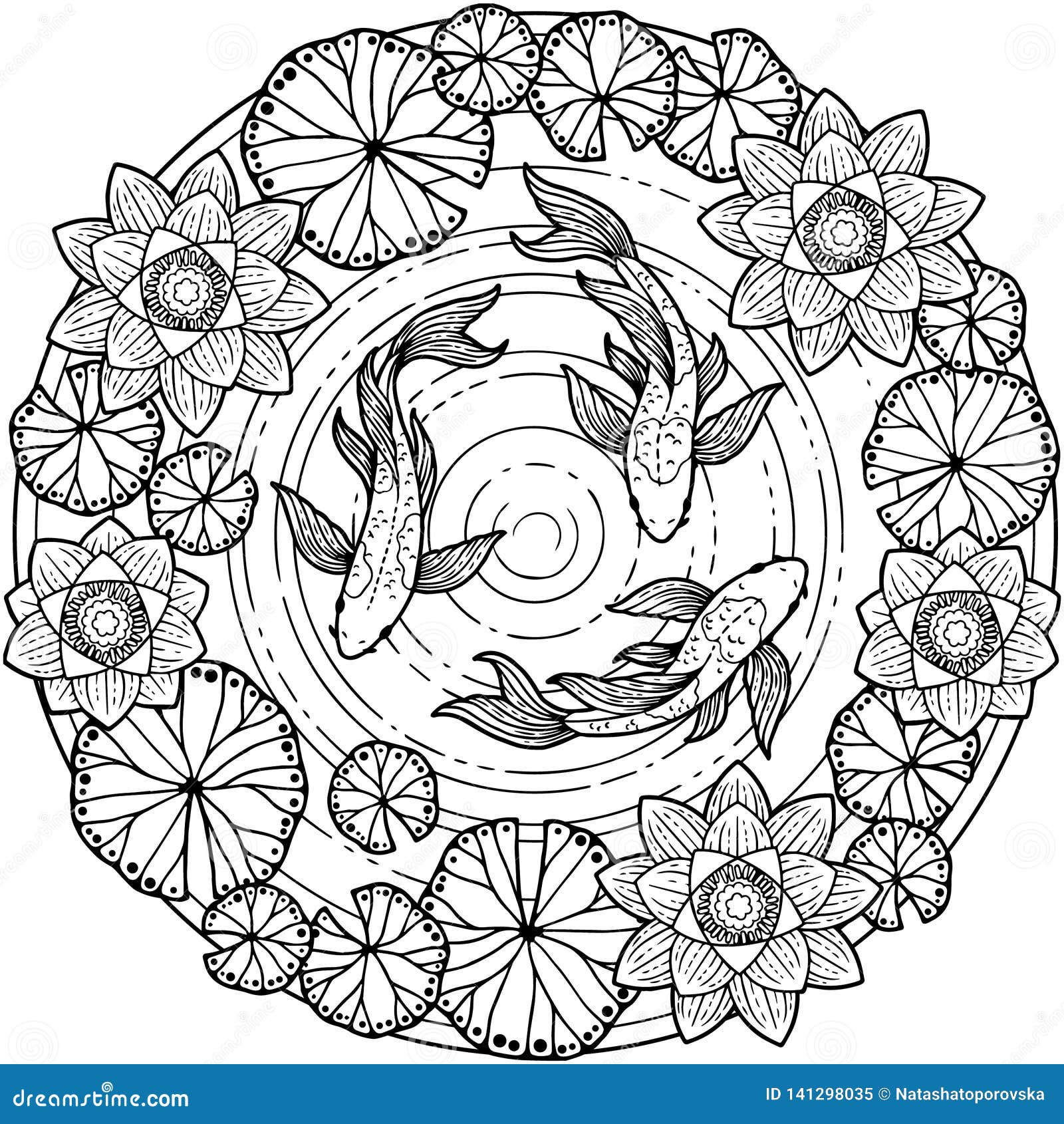 Vector coloring page for adult tropical summer pattern background with koi fish and lotos flower stock vector