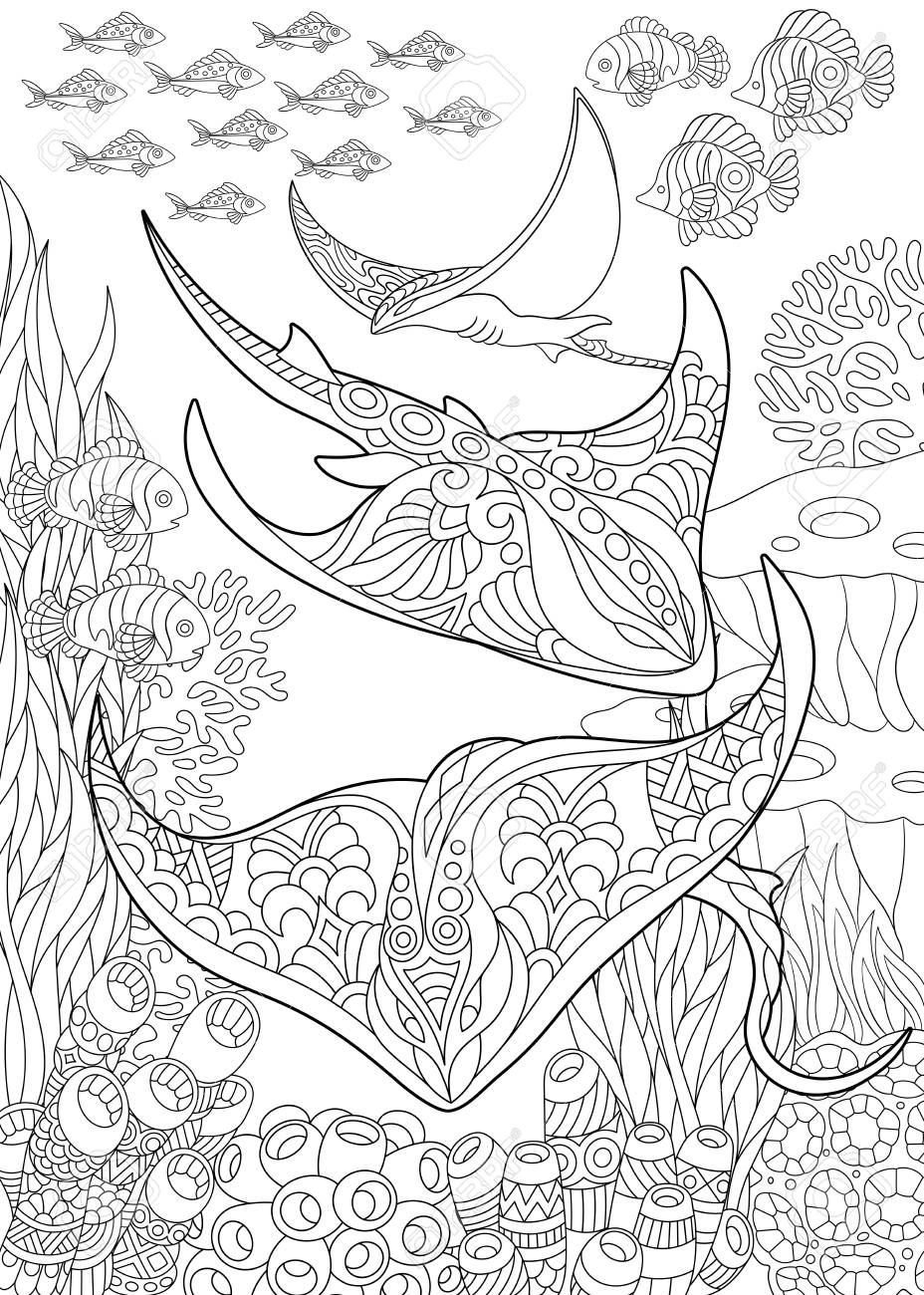 Coloring page for adult coloring book underwater background with stingray shoal tropical fishes and ocean plants anti