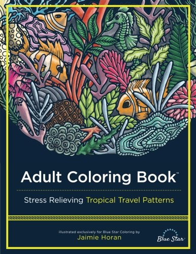 Adult coloring book tropical travel patterns