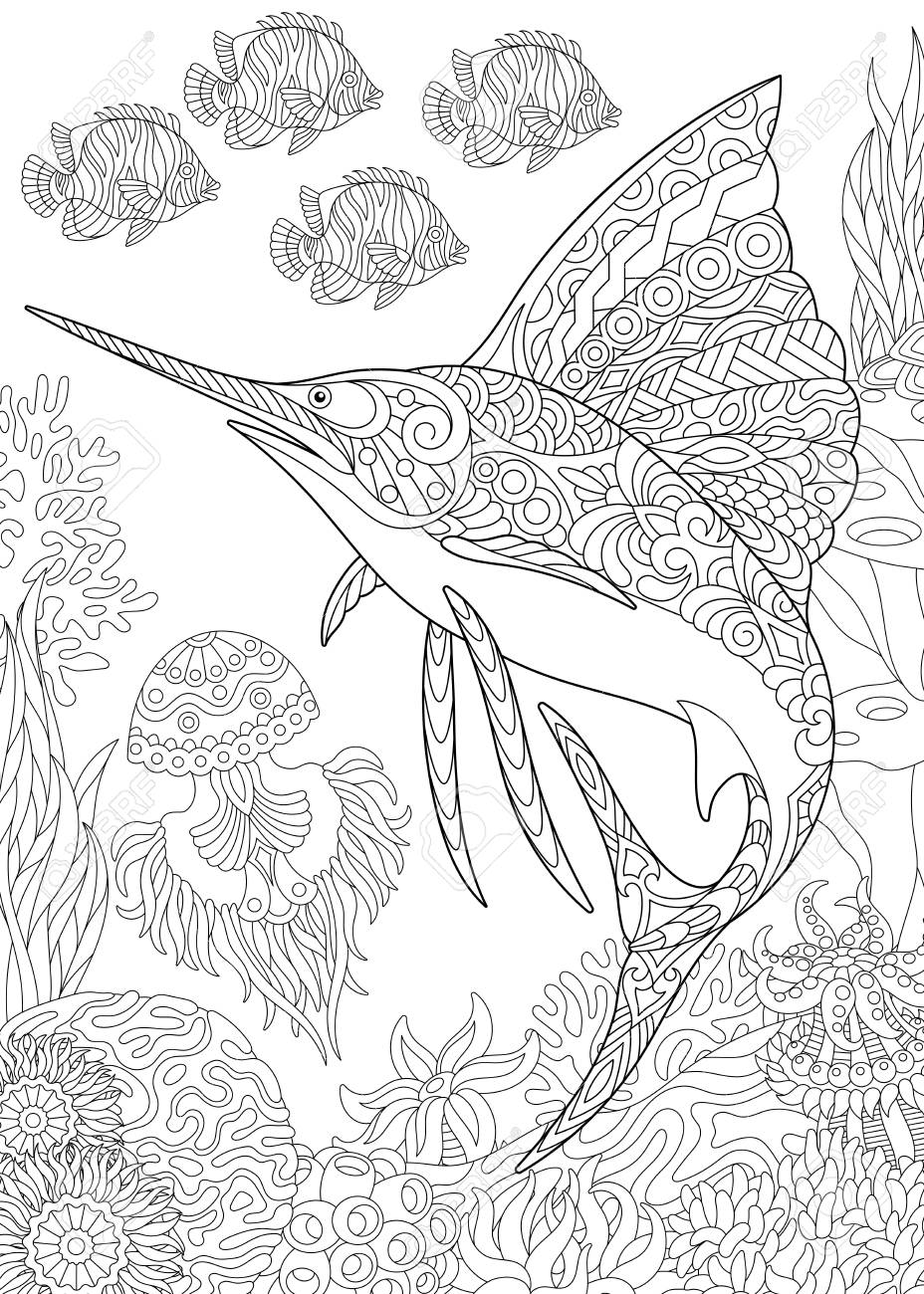 Coloring page for adult coloring book underwater background with sailfish jellyfish tropical fishes and ocean plants royalty free svg cliparts vectors and stock illustration image