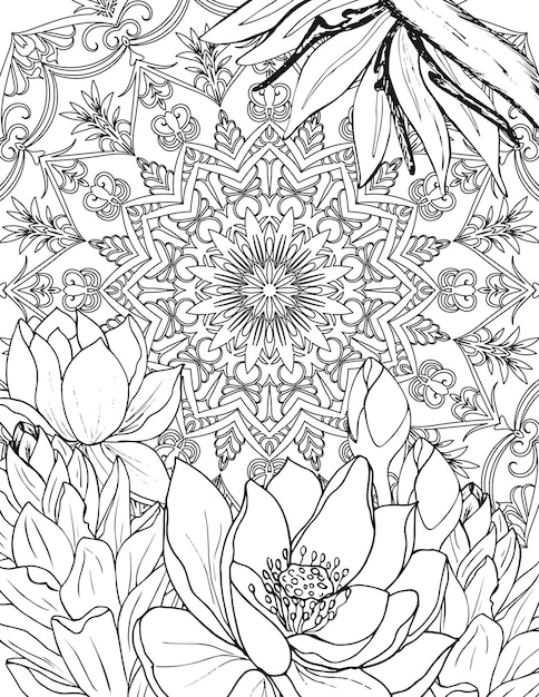 Premium vector coloring page for adults with beautiful tropical flowers and mandala