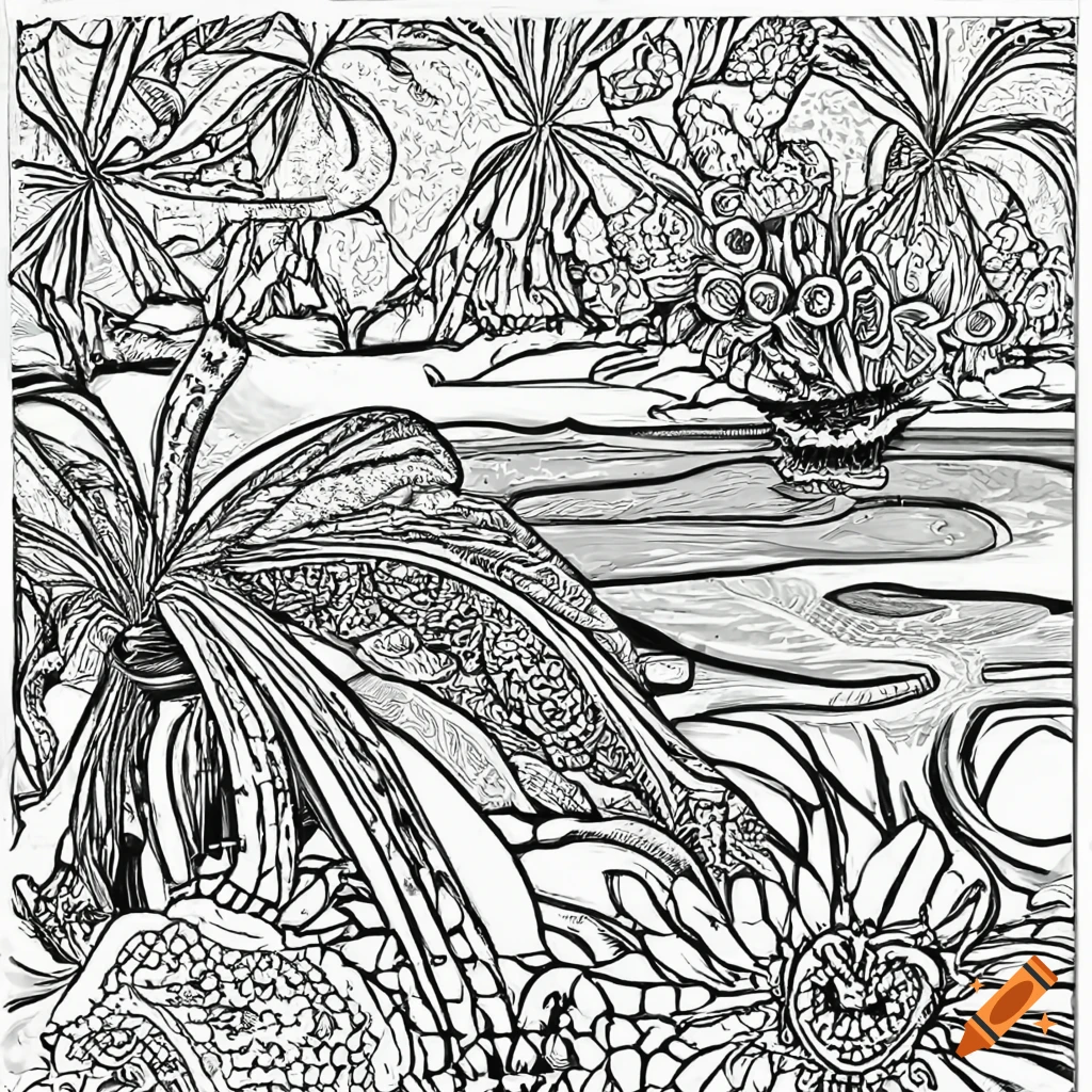 Coloring book page for adults beach scenary no shading low detail cartoon style black and white on