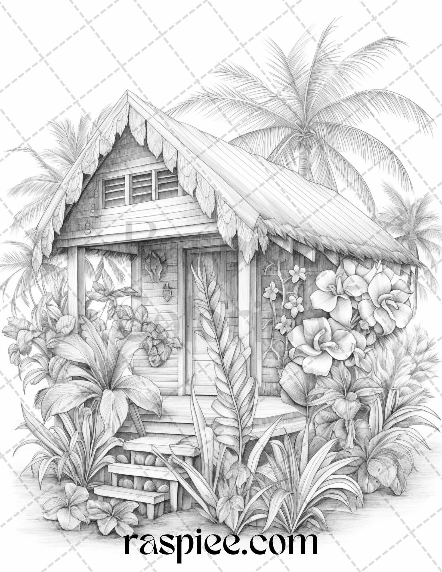 Hawaii tiki houses grayscale coloring pages printable for adults p â coloring