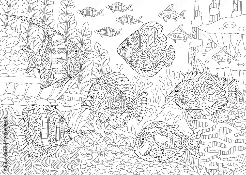 Underwater ocean world shoal of tropical fishes of different species coloring pages adult coloring book idea vector