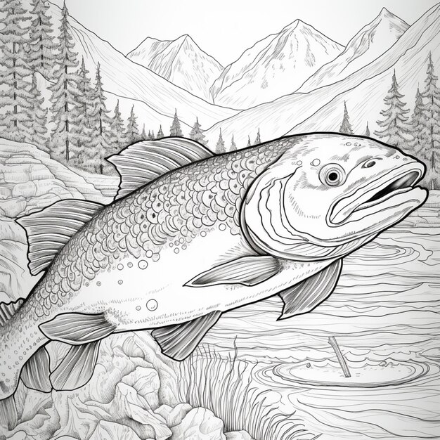 Premium ai image coloring pages of fish in the water with mountains in the background generative ai