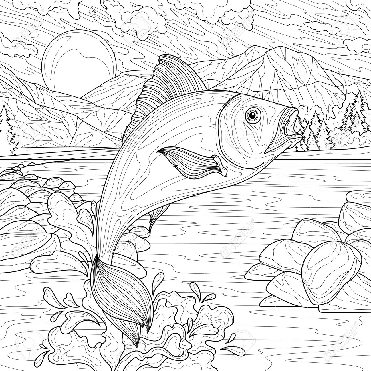 Fish jumping out of the watercoloring book antistress for children and adults royalty free svg cliparts vectors and stock illustration image