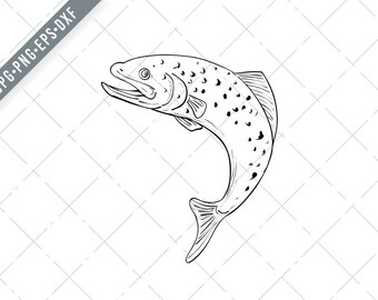 Buy spotted trout jumping up drawing black and white svg