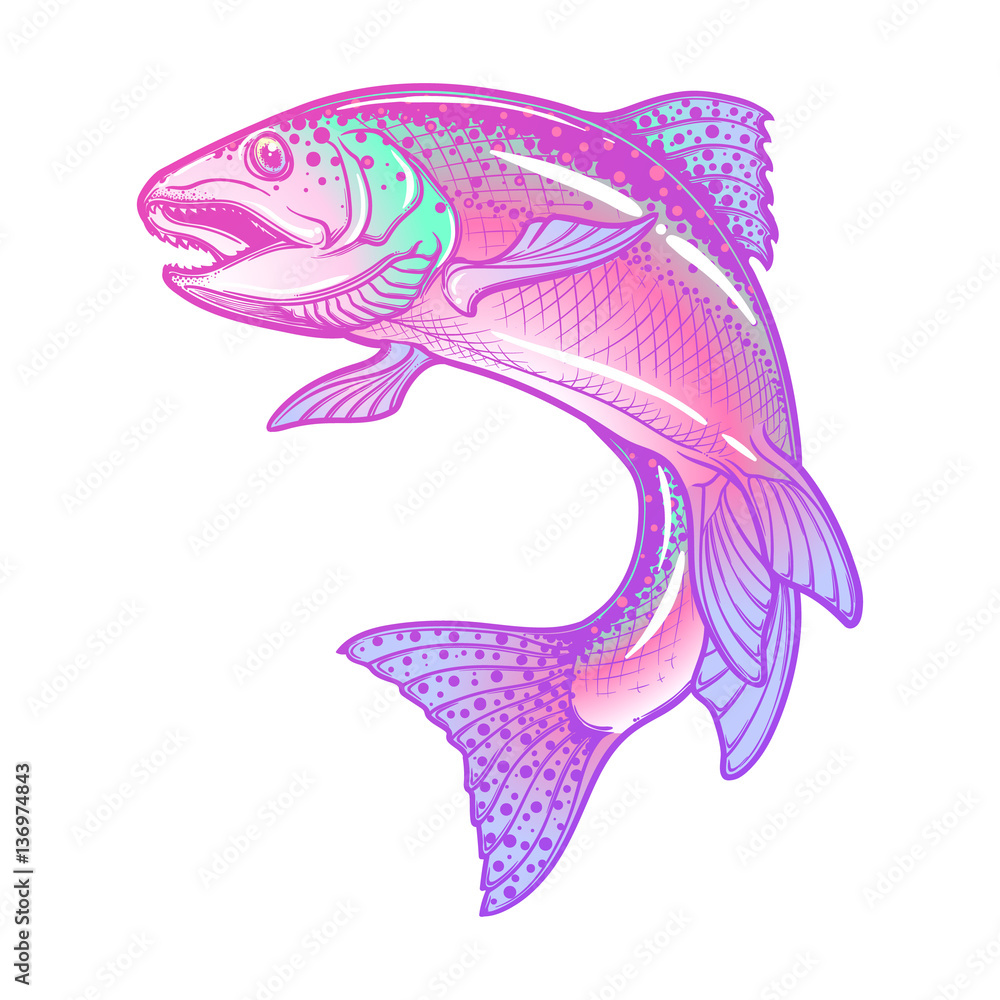 Realistic intricate drawing of the rainbow trout jumping out pastel color hand drawing isolated on white background concept art for horoscope tattoo or colouring book eps vector illustration vector