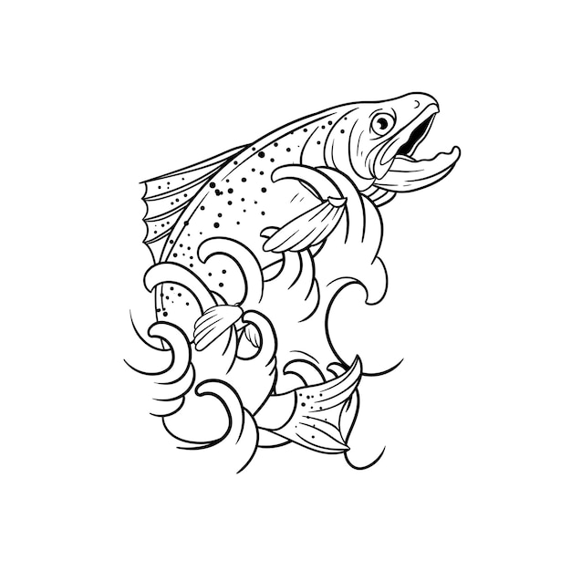 Premium vector hand drawn illustration of a trout jumping in from the water outline