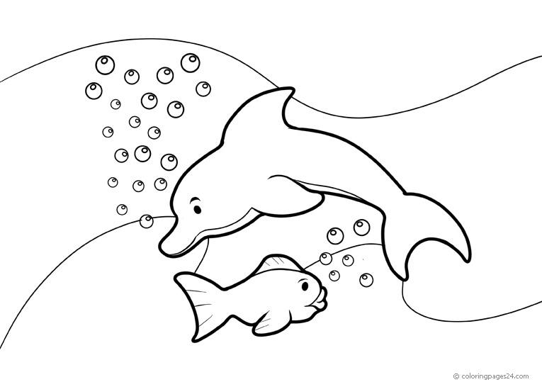 A dolphin and a fish swim in the ocean coloring pages