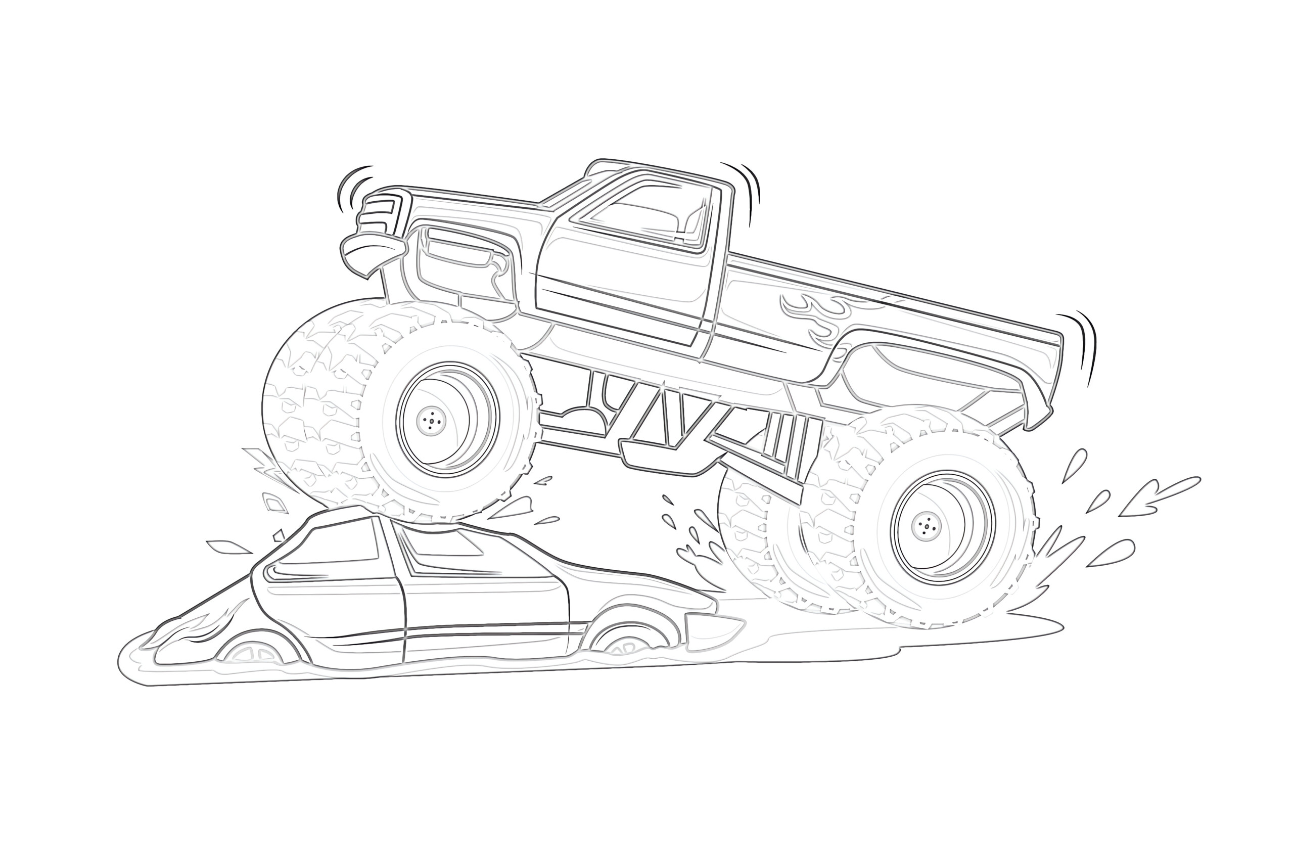 Monster truck crushed the car coloring page
