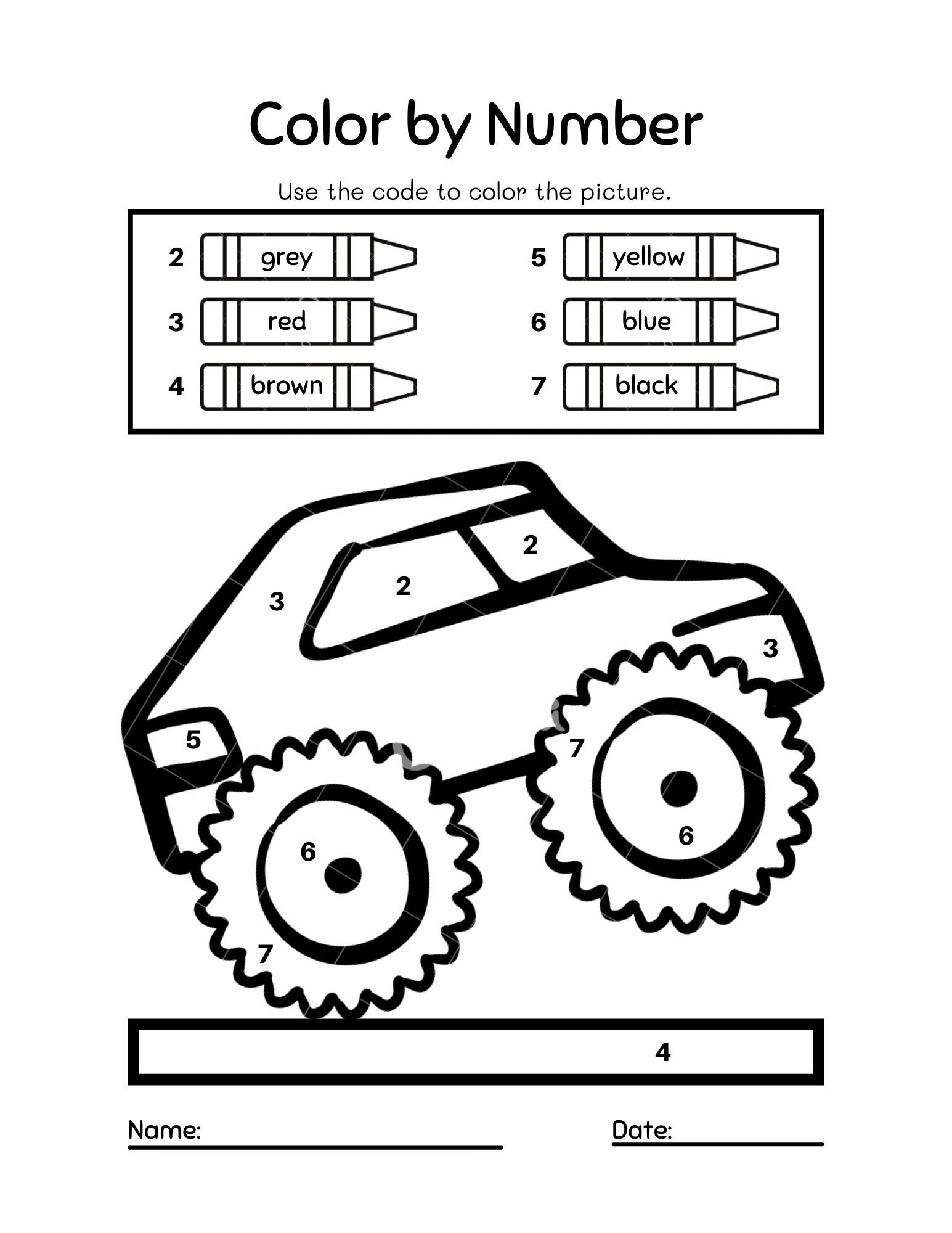 Color by number monster truck sheets