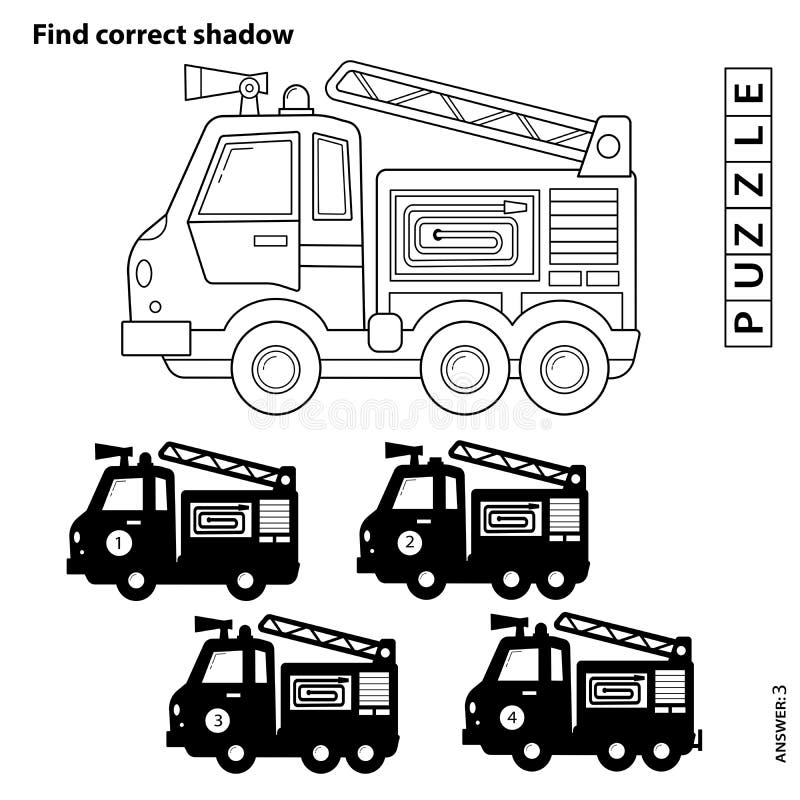 Puzzle game for kids find correct shadow coloring page outline of cartoon fire truck stock vector