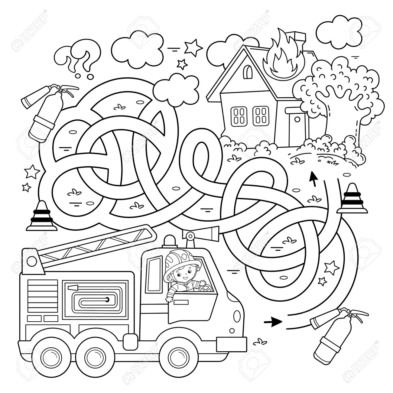 Maze or labyrinth game puzzle tangled road coloring page outline of cartoon fireman or firefighter with fire truck fire fighting coloring book for kids royalty free svg cliparts vectors and stock illustration