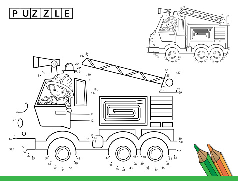 Puzzle game for kids numbers game coloring page outline of cartoon fire truck with fireman or firefighter coloring book for children stock illustration