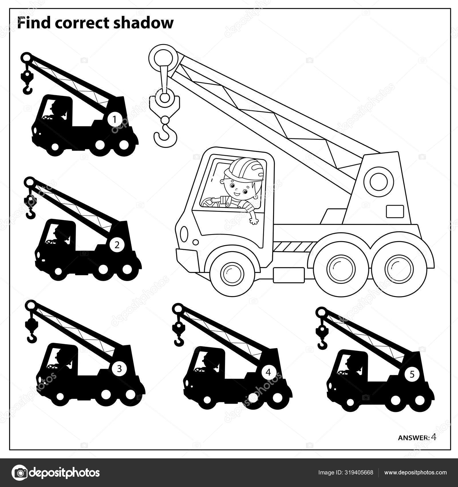 Puzzle game for kids find correct shadow truck crane construction vehicles coloring book for children stock vector by oleon