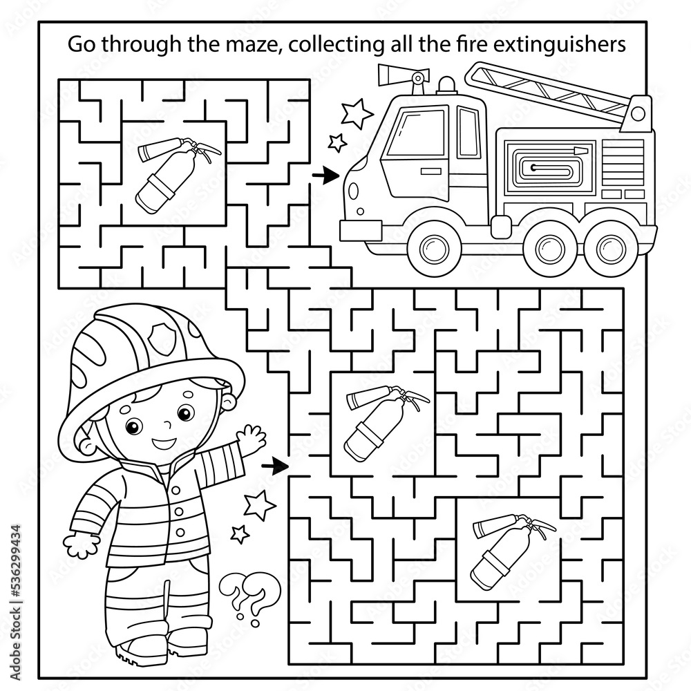 Maze or labyrinth game puzzle coloring page outline of cartoon fireman or firefighter with fire truck coloring book for kids vector