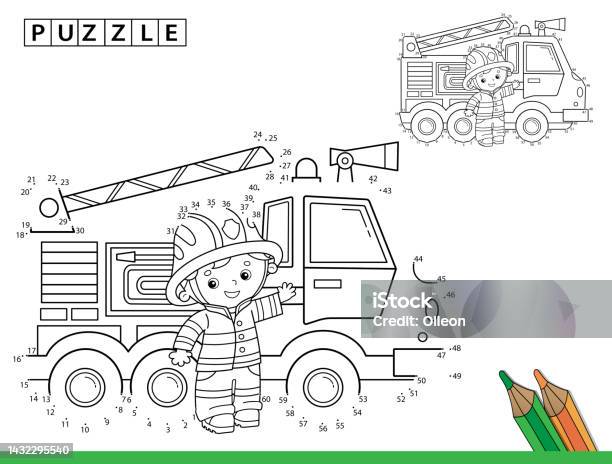 Puzzle game for kids numbers game coloring page outline of cartoon fire truck with fireman or firefighter coloring book for children stock illustration