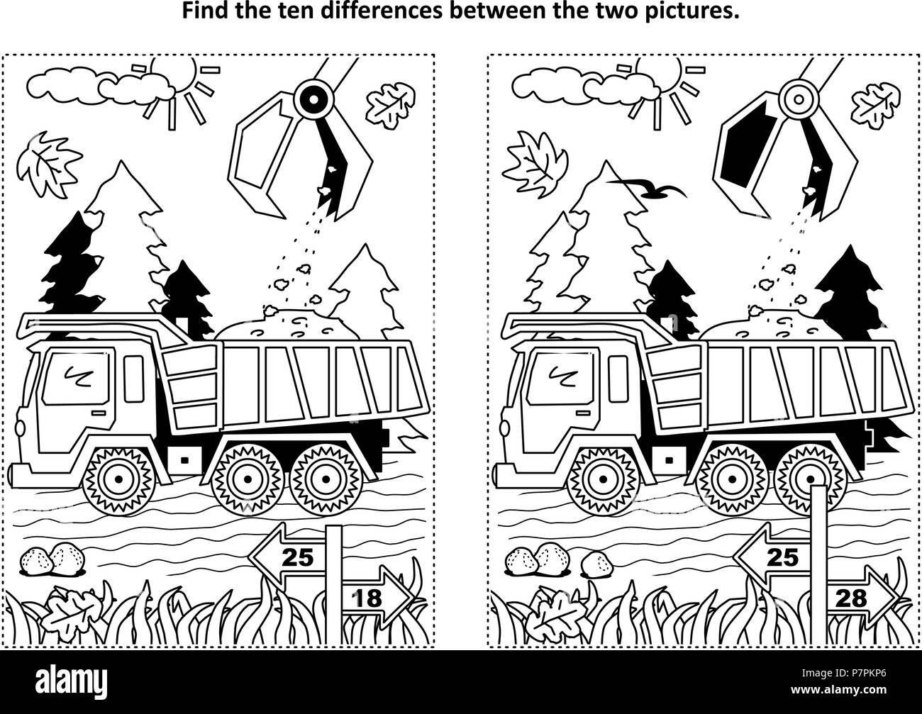 Find the ten differences picture puzzle and coloring page with working tip truck and hopper stock vector image art